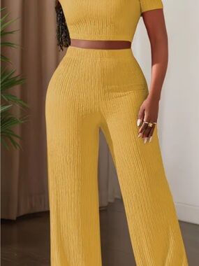 High-Waist Mustard Wide-Leg Ribbed Pants with matching short sleeve top